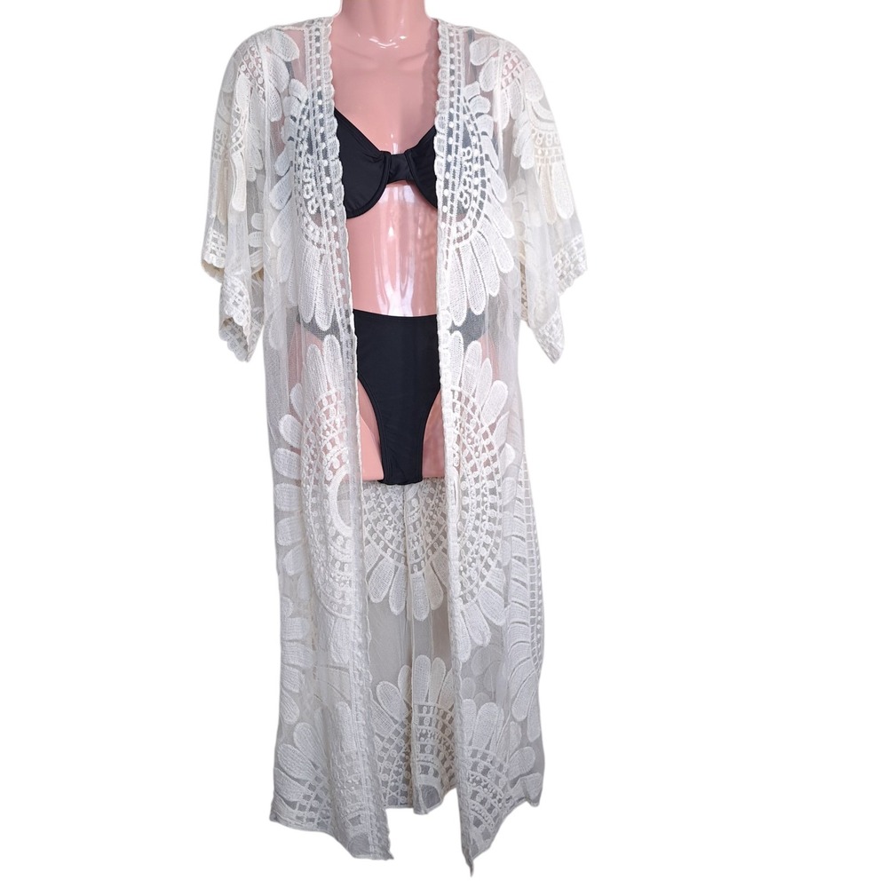 Rebellion Again Women Cardigan Ivory M Floral Kimono Cover Up Beach Embroidered